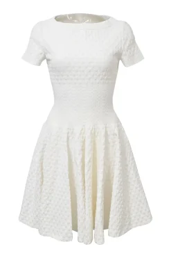 White viscose-blend 3D knit portrait neck drop-waist short sleeve A-line dress