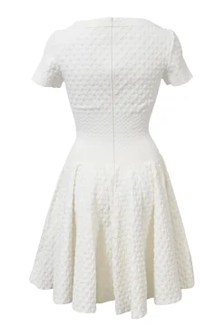 White viscose-blend 3D knit portrait neck drop-waist short sleeve A-line dress