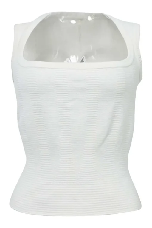 White viscose-blend fully-fashioned square-neck sleeveless knit top