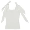 White viscose-blend rib knit tank with adjustable ribbon tie strap fastening