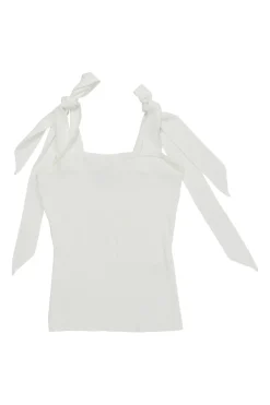 White viscose-blend rib knit tank with adjustable ribbon tie strap fastening