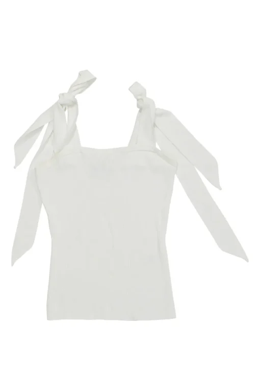 White viscose-blend rib knit tank with adjustable ribbon tie strap fastening