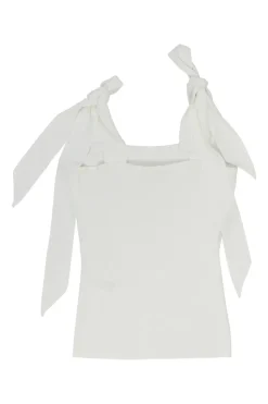 White viscose-blend rib knit tank with adjustable ribbon tie strap fastening