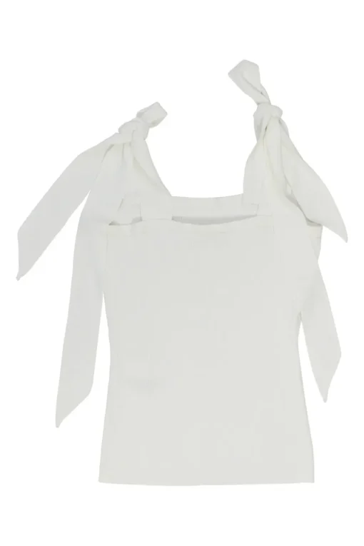 White viscose-blend rib knit tank with adjustable ribbon tie strap fastening