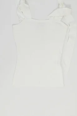White viscose-blend rib knit tank with adjustable ribbon tie strap fastening