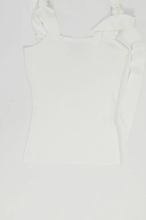 White viscose-blend rib knit tank with adjustable ribbon tie strap fastening