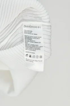 White viscose-blend rib knit tank with adjustable ribbon tie strap fastening