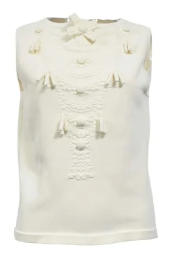 White viscose-blend trapunto crewneck sleeveless top with bow and tassel appliqués