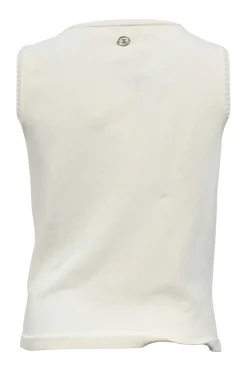 White viscose-blend trapunto crewneck sleeveless top with bow and tassel appliqués