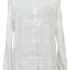 White voile Edwardian combination-style band collar half-button pintuck tunic blouse with tonal lace inserts