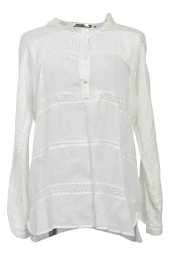 White voile Edwardian combination-style band collar half-button pintuck tunic blouse with tonal lace inserts