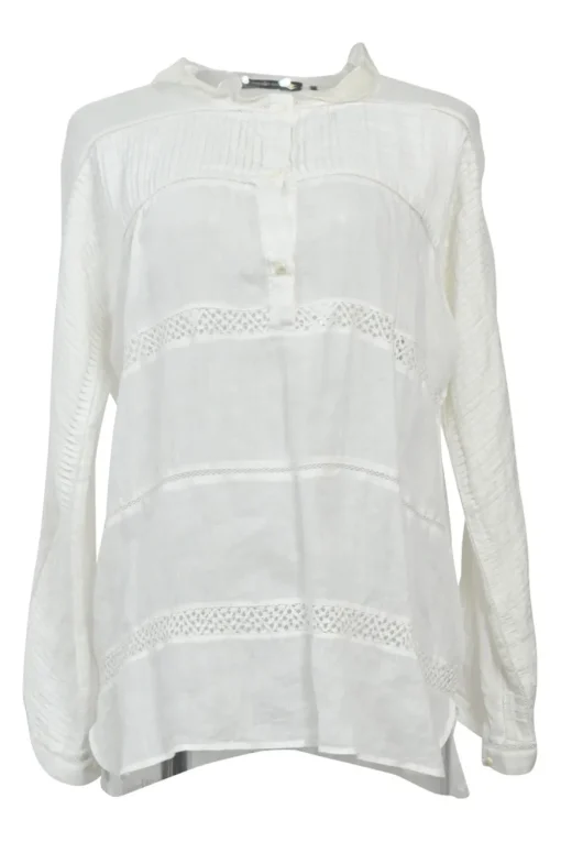 White voile Edwardian combination-style band collar half-button pintuck tunic blouse with tonal lace inserts