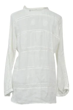 White voile Edwardian combination-style band collar half-button pintuck tunic blouse with tonal lace inserts