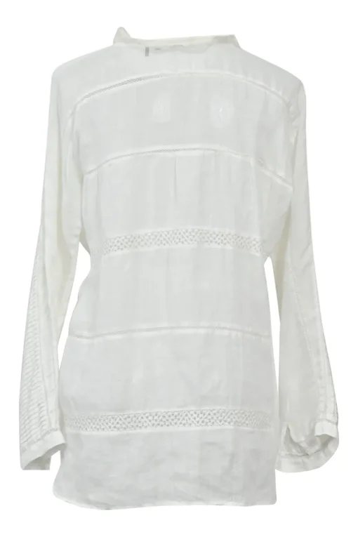 White voile Edwardian combination-style band collar half-button pintuck tunic blouse with tonal lace inserts