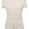 White wool-blend floral lace short sleeve peek-a-boo blouse