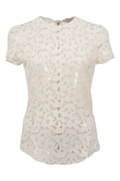 White wool-blend floral lace short sleeve peek-a-boo blouse