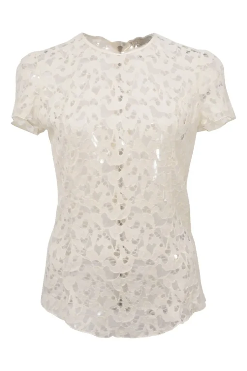 White wool-blend floral lace short sleeve peek-a-boo blouse
