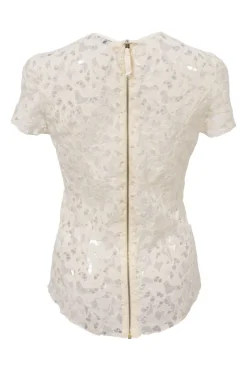White wool-blend floral lace short sleeve peek-a-boo blouse