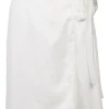 White wrap-front apron-style mini skirt with adjustable self-tie fastening at waist