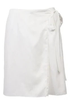 White wrap-front apron-style mini skirt with adjustable self-tie fastening at waist