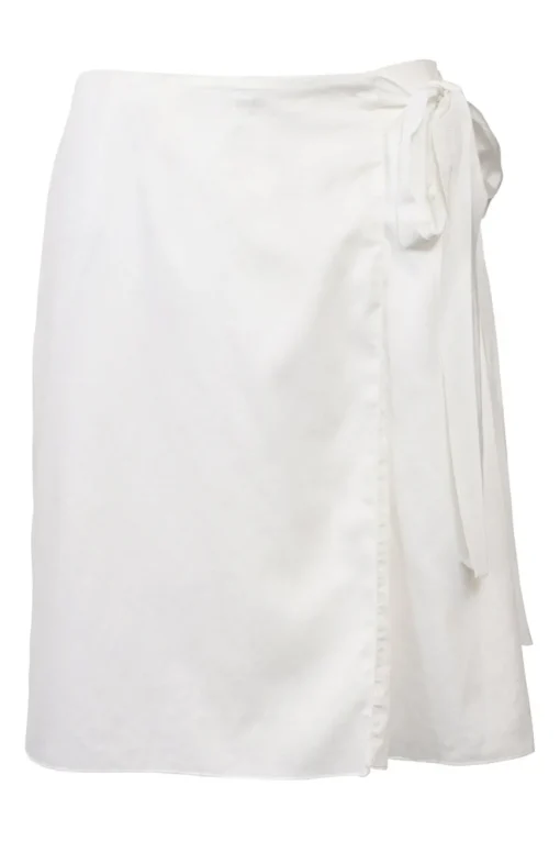 White wrap-front apron-style mini skirt with adjustable self-tie fastening at waist