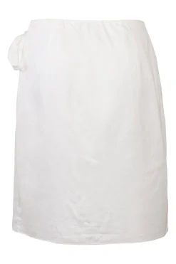 White wrap-front apron-style mini skirt with adjustable self-tie fastening at waist