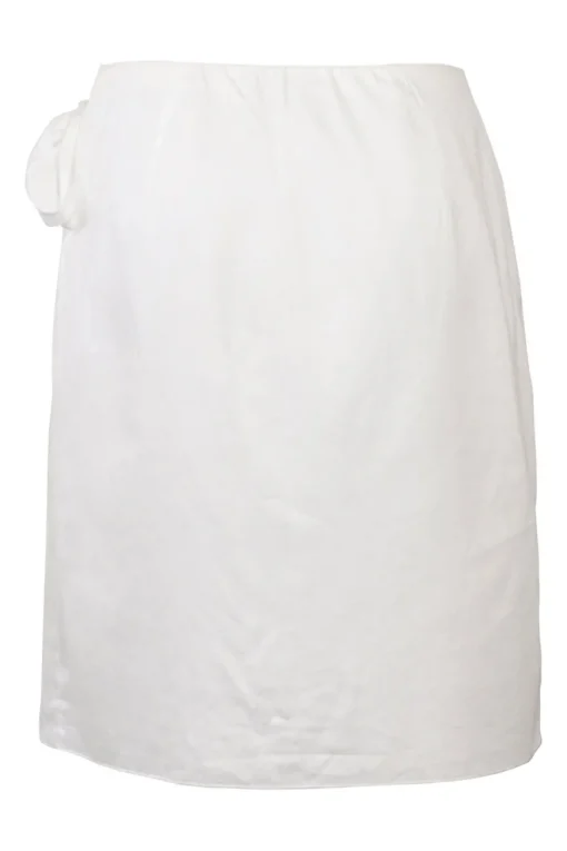 White wrap-front apron-style mini skirt with adjustable self-tie fastening at waist