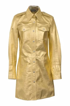 205W39NYC gold foiled lambskin leather Western shirt dress with dagger collar and chest patch pockets