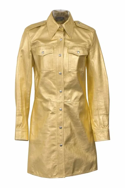 205W39NYC gold foiled lambskin leather Western shirt dress with dagger collar and chest patch pockets