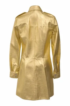 205W39NYC gold foiled lambskin leather Western shirt dress with dagger collar and chest patch pockets