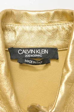 205W39NYC gold foiled lambskin leather Western shirt dress with dagger collar and chest patch pockets