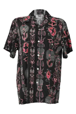 Wolf's Head capsule black and red rayon novelty torii/tomoe print spread notch collar cabana shirt