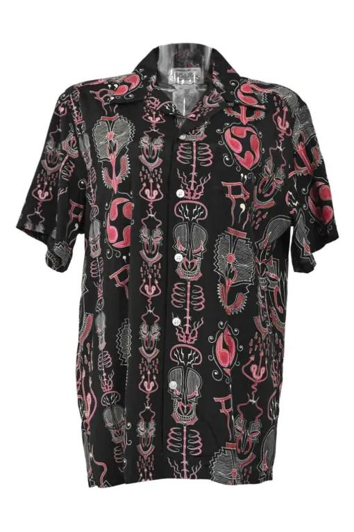 Wolf's Head capsule black and red rayon novelty torii/tomoe print spread notch collar cabana shirt