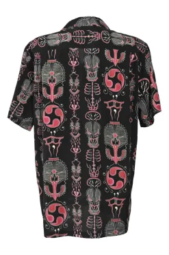 Wolf's Head capsule black and red rayon novelty torii/tomoe print spread notch collar cabana shirt