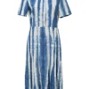 x BUAISOU washed indigo tie-dye cotton point collar short sleeve midi shirt dress