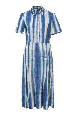 x BUAISOU washed indigo tie-dye cotton point collar short sleeve midi shirt dress