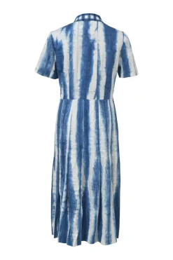 x BUAISOU washed indigo tie-dye cotton point collar short sleeve midi shirt dress