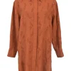 x Eres red ochre linen broderie Anglaise point collar button-front shirt dress