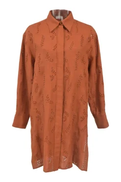 x Eres red ochre linen broderie Anglaise point collar button-front shirt dress
