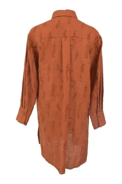 x Eres red ochre linen broderie Anglaise point collar button-front shirt dress