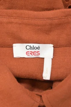 x Eres red ochre linen broderie Anglaise point collar button-front shirt dress