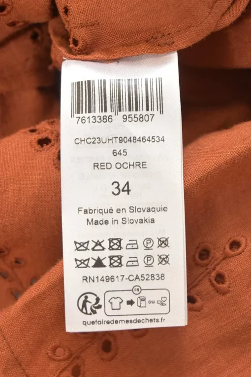 x Eres red ochre linen broderie Anglaise point collar button-front shirt dress