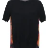 x Pendleton Black cotton mixed-media short sleeve pullover knit top with contrasting geo print yoke and plissé back panel