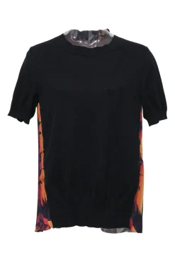 x Pendleton Black cotton mixed-media short sleeve pullover knit top with contrasting geo print yoke and plissé back panel