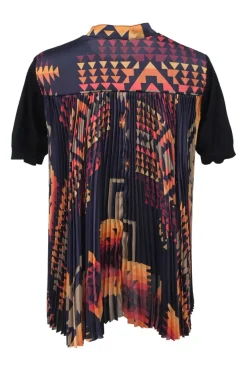 x Pendleton Black cotton mixed-media short sleeve pullover knit top with contrasting geo print yoke and plissé back panel