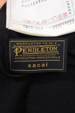 x Pendleton Black cotton mixed-media short sleeve pullover knit top with contrasting geo print yoke and plissé back panel