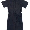 x Sacai dark indigo cotton denim apron-style shirt dress with adjustable pull tab grosgrain belt