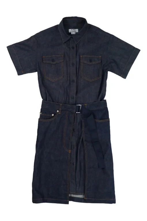 x Sacai dark indigo cotton denim apron-style shirt dress with adjustable pull tab grosgrain belt