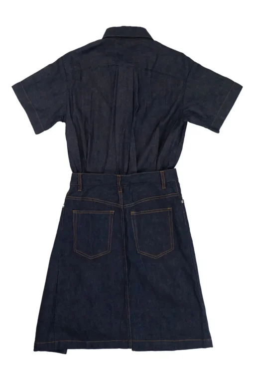 x Sacai dark indigo cotton denim apron-style shirt dress with adjustable pull tab grosgrain belt