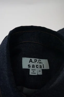 x Sacai dark indigo cotton denim apron-style shirt dress with adjustable pull tab grosgrain belt